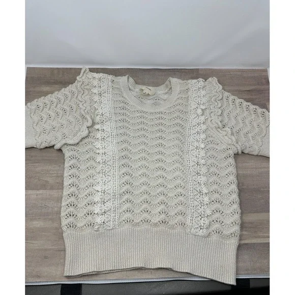 Anthropologie Kachel Shimmer Crochet Short Sleeve Sweater Size Small Offwhite - Picture 10 of 11